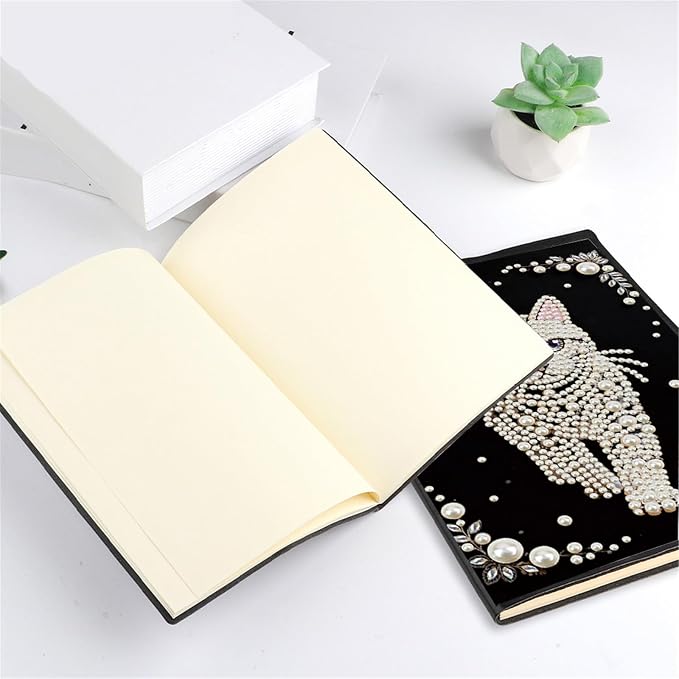 FRANDEK Pearl Painting Notebook Kit, Cute Cat A5 DIY Journal with 50 Blank Pages, Diamond Gem Art Cover with Waterproof Canvas, Beginner Craft Set with Full Tools for Adults