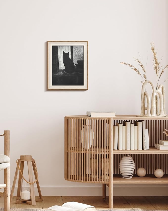 VIYYIEA Framed Wall Art for Living Room, Black Cat Canvas Prints, Vintage Home Decor, Animals Painting Picture, Bathroom Wall Decor Gifts for Friends or Family -【Lonely Cat】-(12L x 10W)