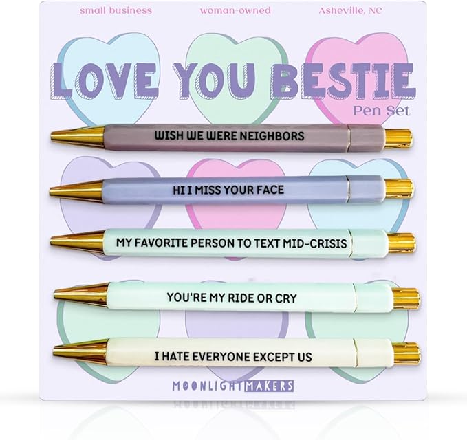 Moonlight Makers - Set of 5 Ballpoint Pens Black Ink - Engraved Funny Pens for Adults - Love You Bestie Appreciation Adult Gifts - Ideal Desk Decor for Work & Office Desk - Cute Packaging, Handy Clips