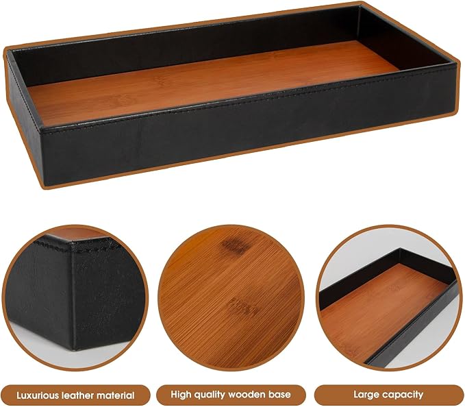 JACKCUBE Design Leather Bamboo Valet Tray for Men, Catch All Trays for Key, Phone, Wallet, Coin, Sunglasses, EDC Dump Storage (Black) - MK205A
