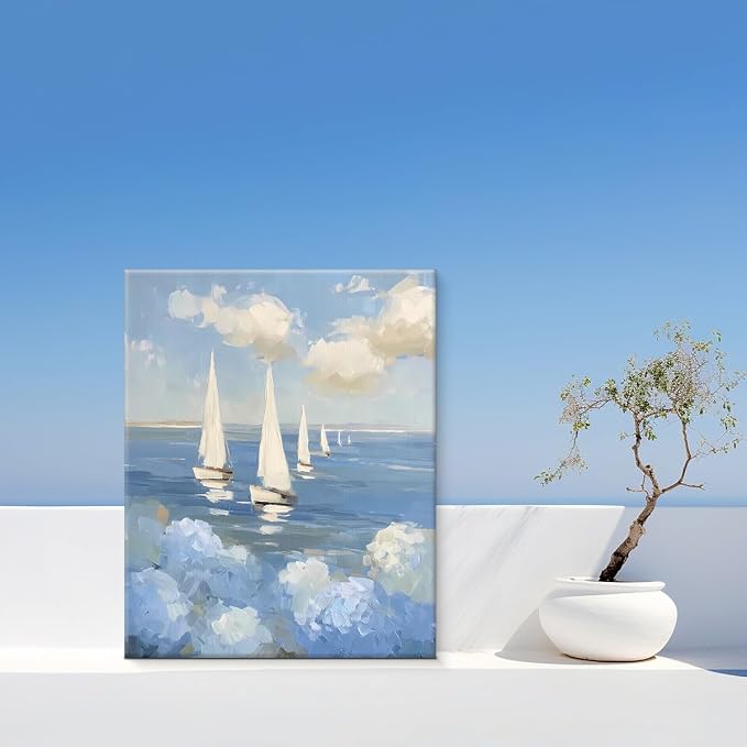 Coastal Ocean Hydrangea Wall Art Decor Nautical Sailboat Picture Painting Artwork Blue Ocean Wall Decor for Home Beach Room Bedroom 8x10 Canvas Framed
