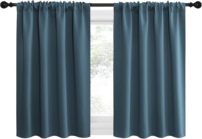 NICETOWN 2 Panels Blackout Curtains, Rod Pocket Thermal Insulated Drapes for Kitchen, Heavy Duty Small Window Treatment for Dorm Room, Studio Apartment, Basement (Smoky Blue, W42 x L30)
