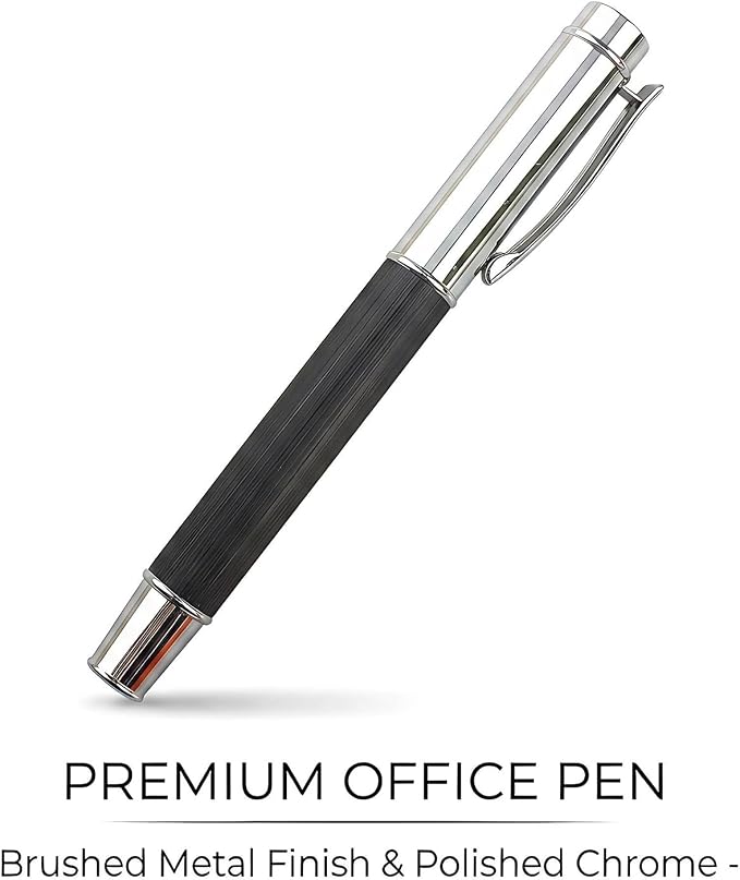 Brushed Metal Black Rollerball Pen - 0.5mm Fine Point Executive Writing Pen for Men & Women, Professional Signature Pen for Business Office & Journaling, Luxury Stationery Gift with Metal Case