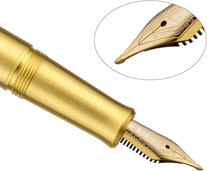HONG DIAN M2 Black Forest Mini Fountain Pen, Long Blade Nib & Sleek Shape Brass Short Pocket Travel Pen (Glossy Brass)