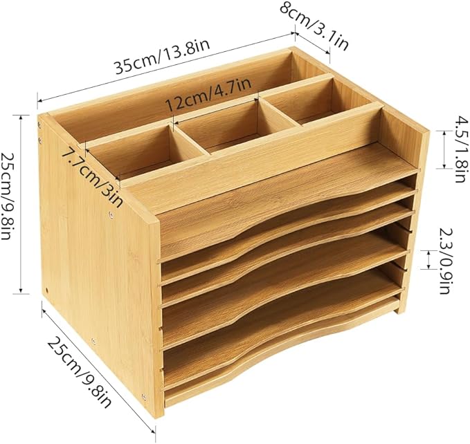 5-Tiers Bamboo File Organizer Paper Organizer Mail Sorter Document Letter Trays Desk Organizer with 4 Dividers for Office Home Study Desk Storage (Natural Color)