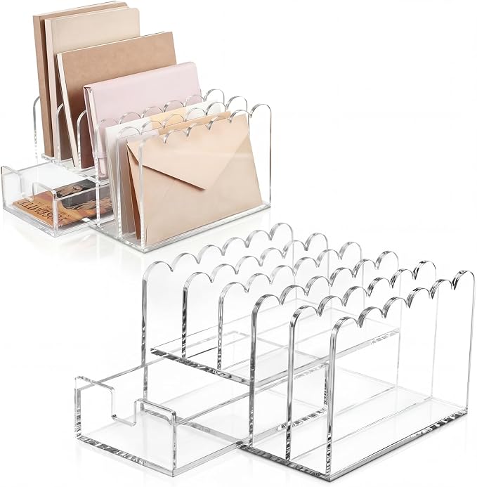 Xuhal Scalloped Acrylic Mail Organizer Holder with Drawer 5 Compartments Clear Document Sorter for Desk Bill Filling Envelope Holder Office, Home, School Organization