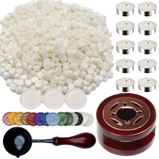 Wax Seal Warmer, ONWINPOR 400pcs Pearl White Sealing Wax Beads Kit with Warmer, Non-Slip Spoon, Candles for Envelopes, Stamp Letter Seal, Wedding Invitations (Pearl White)