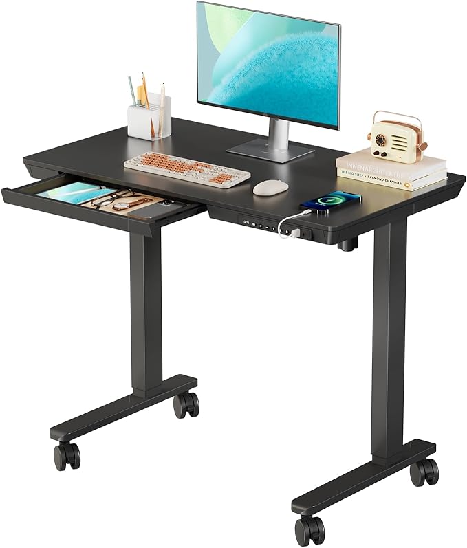 Electric Standing Desk with Drawer, 35" x 20" Whole Piece Tabletop Small Sit Stand Table, Height Adjustable Desk with Storage & USB Ports, Quick Install Home Office Computer Desk, Black