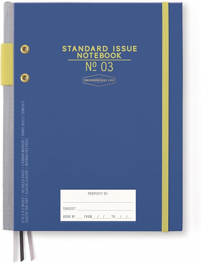 DesignWorks Ink Standard Issue Notebook No. 3, Undated Daily Planner & Writing Journal, 192 Lined Pages, Pen Holder, Small Notebook for Work & Journaling, 6.75 x 8.5 in, Cobalt & Citron