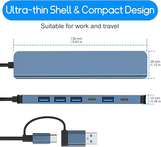 USB Hub 3.0,USB c hub,USB hub with Multiport Adapter, USB Splitter with 1xUSB 3.0,4xUSB2.0,2 x USB C,Hub for MacBook Pro/PC/Laptop/Tablet Devices (Grey 7in1)
