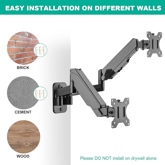 UPGRAVITY Dual Monitor Wall Mount, Double Monitor Wall Stand for Two 17-32 inch Flat Computer Screens, Height Adjustable Gas Spring Mounted Bracket Arms Hold up to 17.6lbs, VESA 75/100