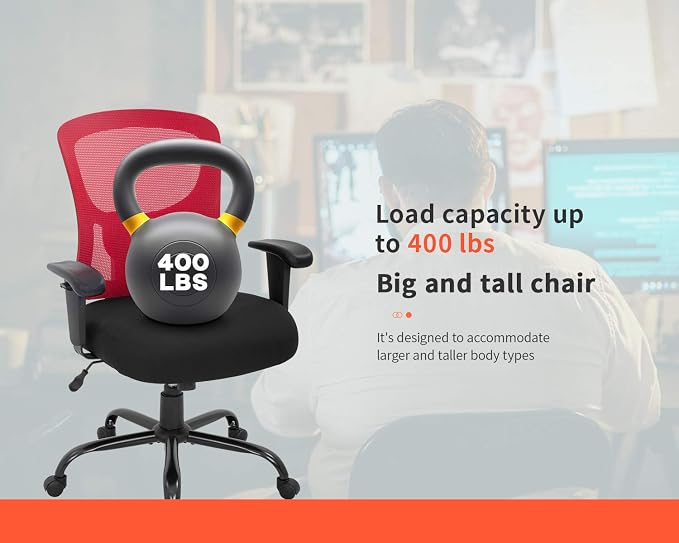 Big and Tall Office Chair+400lbs Wide Seat Mesh Desk Chair+Massage Rolling Swivel Ergonomic Computer Chair with Lumbar Support Adjustable Arms Task Chair for Heavy People+ (Red)