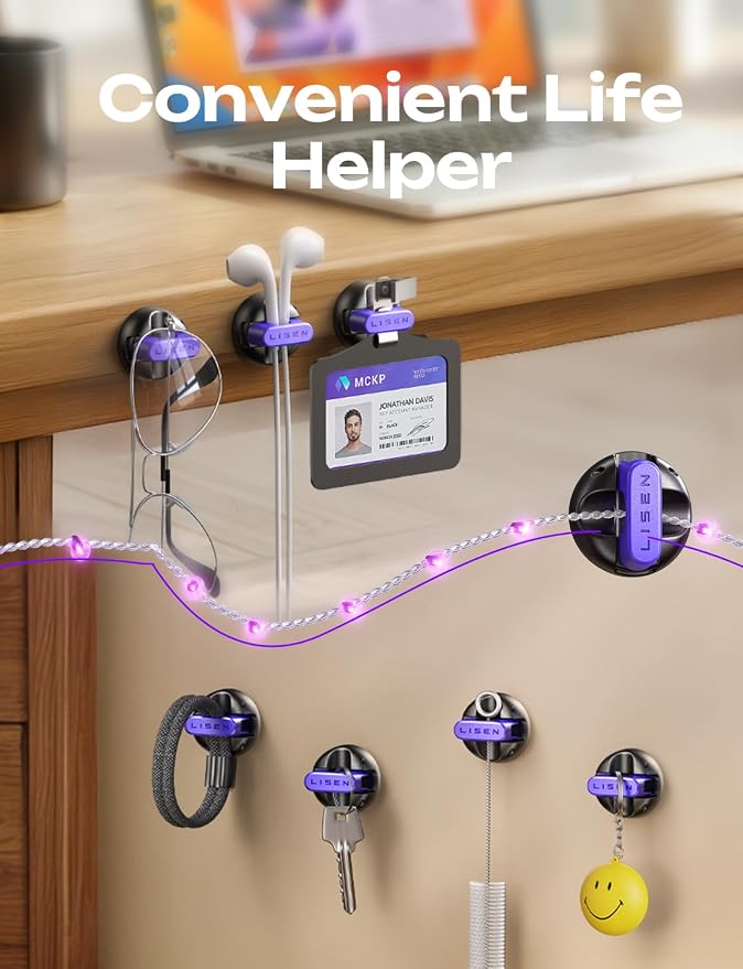 LISEN Magnetic Charging Cord Holder 8-Pack Charging Cord Organizer [1S Click-in], Easy Open Cable Holder with Strong Adhesive, Cable Management Clips Neatly for Nightstand, Desk, Home, Office, Purple