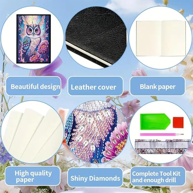FRANDEK A5 50-Page DIY Owl Diamond Art Painting Notebook with Beautiful Patterns, Special Shaped Diamond Art Craft for Beginners Adults Gift