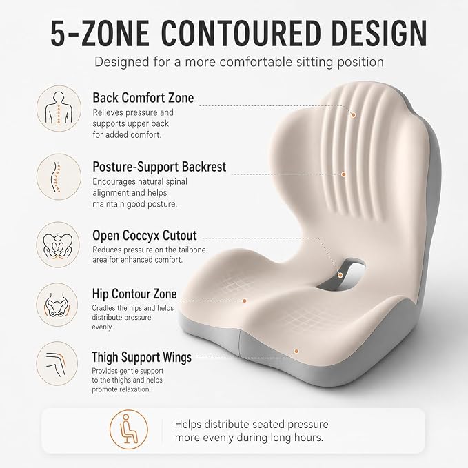 Saker Ergonomic Memory Foam Seat Cushion with Back Support, 2-in-1 Coccyx Cutout Chair Pad for Office, Car, Gaming Chair and Wheelchair, Contoured Lumbar Support for Long Sitting，Green
