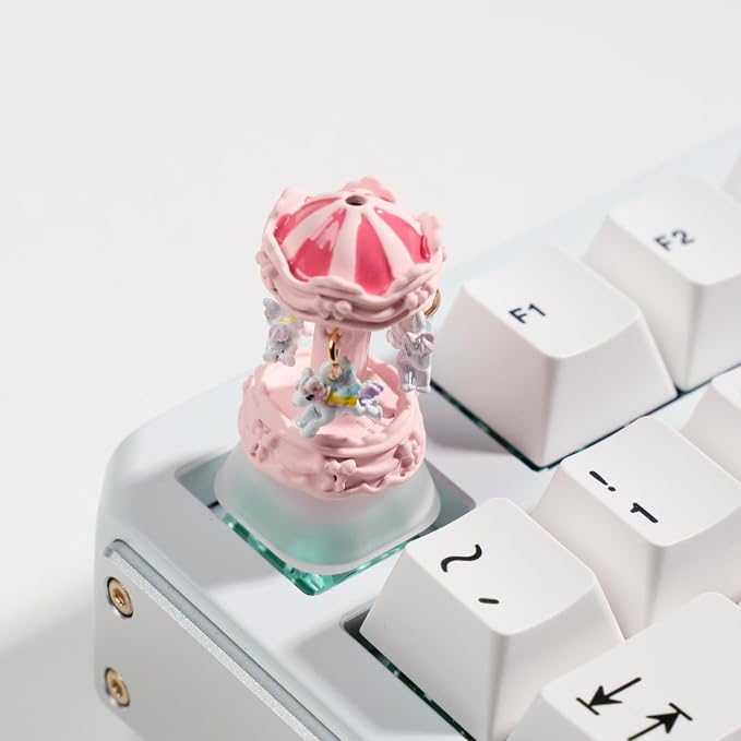 Artisan Carousel Keycap for Mechanical Keyboards, Pink Rotatable Design with RGB Bottom Glow, Hand-Painted Resin, 1U Size, MX Switch Compatible, Decompressing Gaming Keycap (XZMM-01)