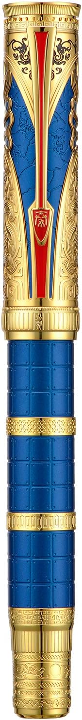 HONG DIAN D5 Qin Dynasty Fountain Pen Blue Gold, Extra Fine Nib Piston Filling Pen, Retro Chinese Totem Engraving Smooth Writing Pen with Pen Box Set