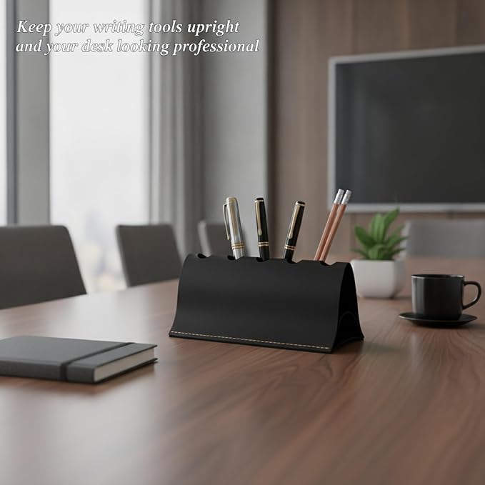 Sleek Elongated PU Leather Pen Caddy, Minimalist Desktop Organizer for Office Desk Supplies