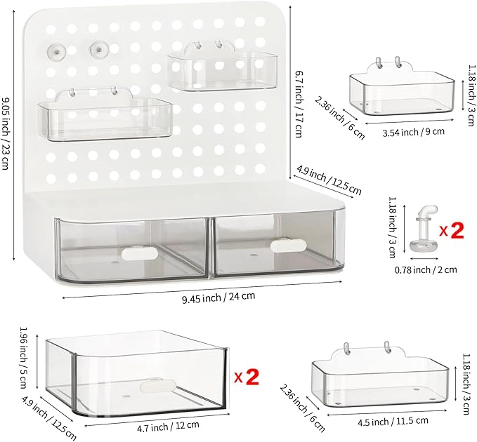 LETURE Desktop Stationery Organizer Storage with 3 Drawers, Plastic Desk Organization Holder with Pegboard Shelf & Adjustable Compartments for Stationery Office Supplies Makeup Accessories (White)