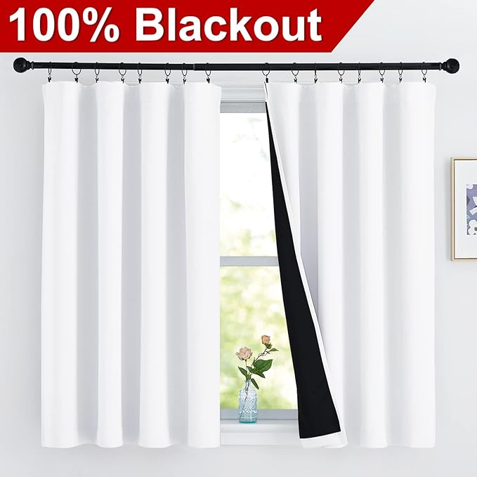 NICETOWN White 100% Blackout Curtains 45 inches Long, Rod Pocket Basement Completely Blackout Window Treatment Thermal Insulated Lined Drapes for Small Window (1 Pair, 52 inches Width Each Panel)