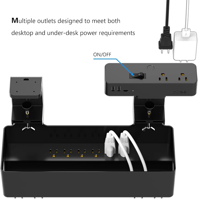 Hiree Under Desk Cable Management Tray with Power Strip, 8 AC Outlets, 2 USB Ports & 1 USB-C Port, Clamp Mount Desk Cable Organizer, No Drill Cord Management Tray for Standing Desk, Home Office（Black）