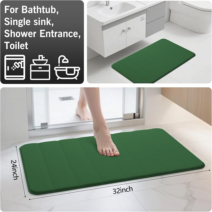 RUN HELIX Bathroom Rugs Set 2 Piece Memory Foam Bath Non-Slip Bath Mat,Washable Room Mats,Absorbent Shaggy Rugs Super Soft Kitchen Mats, Batroom Carpets for Bathroom,Tub,Shower Home Decor（Dark Green）