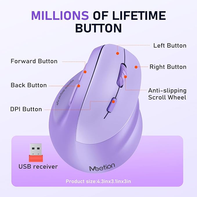 MEETION Ergonomic Mouse, Wireless Vertical Mouse RGB Backlit Rechargeable Mice for Bluetooth(5.2 + 3.0) & USB, 4 Adjustable DPI Compatible Mac/Windows/Andriod/PC/Tablet/iPad Purple