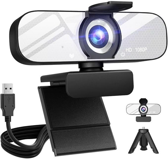 HD 1080P Webcam with Built-in Microphone and Rotatable Tripod, 1080P Video and Wide Angle Camera, Privacy Cover, for Desktop PC or Laptop Computer （White）