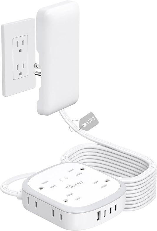 NUTICT Outlet Cover Extension Cord, Flat Plug Power Strip 15ft, 8 Outlets (4-2Pin)& 4 USB Ports (3 USB C), 13A/1625W, 1440J Surge Protector, Wall Mountable, Ideal for Home Improvement, Tight Spaces