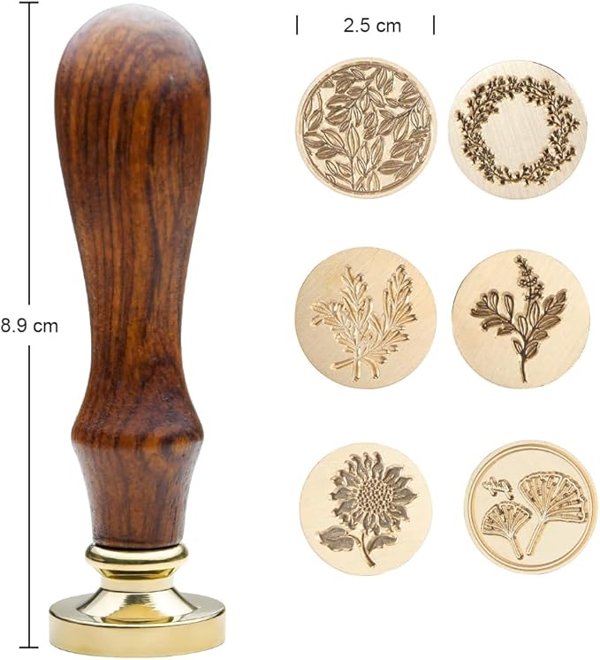 Wax Seal Stamp Set, 6 pcs Brass Head Wax Stamp & 1 Wooden Handle, 6 Botanical Designs (Rosemary, Sunflower, Ginkgo Leaf, Wreath, Leaves, Eucalyptus)