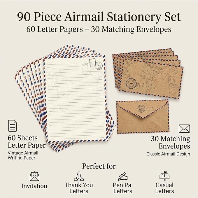 90 Pack Airmail Stationery Paper Set, Vintage Letter Writing Paper and Envelopes Set for Invitations, thank you Letters, or Casual Letters(6.9 x 9.25 In)
