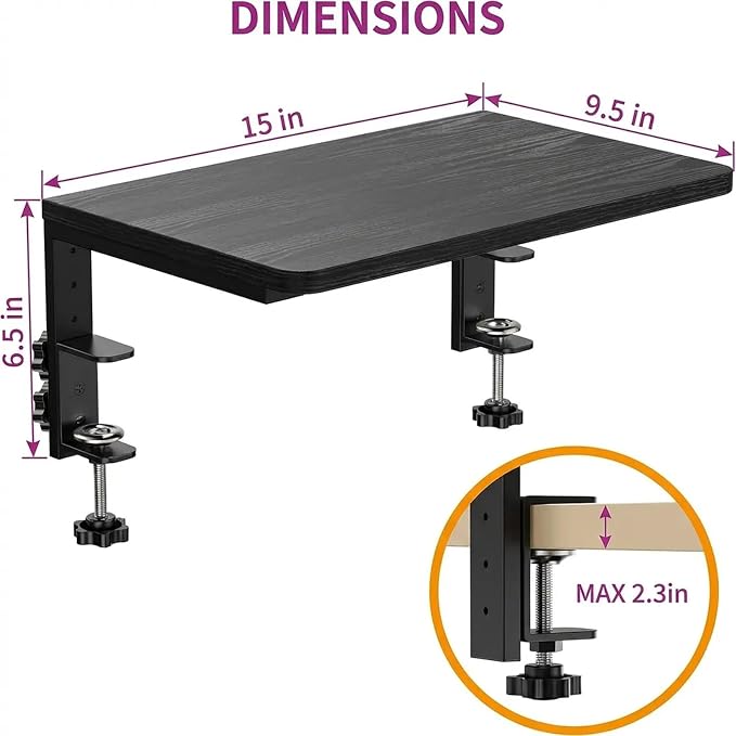 Clamp-On Desk Extender, 15 x 9.5 Inch Monitor Riser | Height options, No-drill setup, 3-in-1 use, 44 lb load, Office station, Gaming area, Black finish