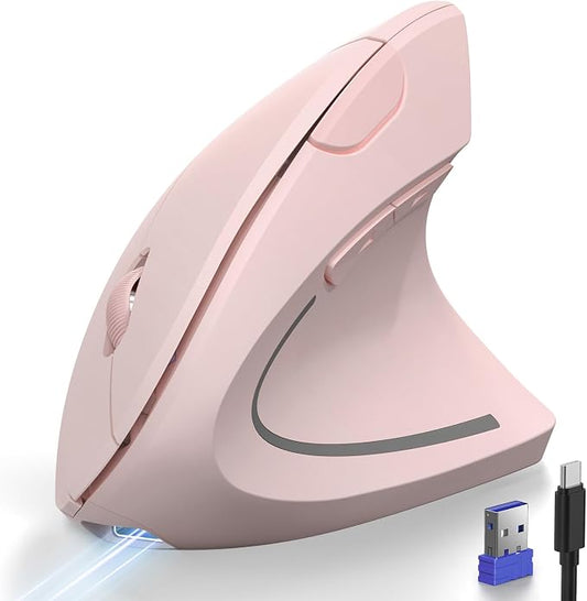 TECKNET Ergonomic Mouse Wireless, Rechargeable Vertical Mice Right Hand | 2.4G+Bluetooth, Multi Device, 4800 DPI Adjustable, Optical Carpal Tunnel Mouse, for Laptop, PC, Computer, MacBook, iPad, Pink