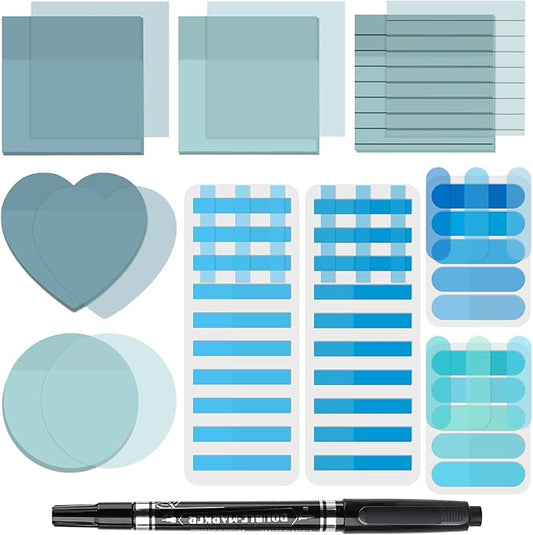 850 Sheets Transparent Sticky Notes, 3 x 3 Inch Clear Sticky Notes with Marker Pen for Bible, Waterproof Self-Adhesive Annotation Tabs, Gradient Color Note Pads for School Office (Blue)