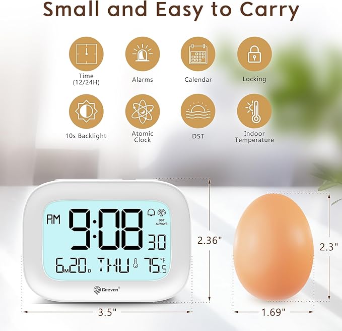 Geevon Travel Alarm Clock Battery Operated with Temp & 10s Backlight | 3 Inch LCD Display Clock, Portable with Snooze, Perfect for Home Office Kitchen Bedroom Outdoor, Nice Gift for Any Occasion