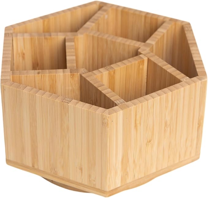 360° Rotating Bamboo Desk Organizer Hexagon | Wooden Desktop Storage, For Artists, Office Supplies, Makeup Brushes, Minimalist Desk Accessory