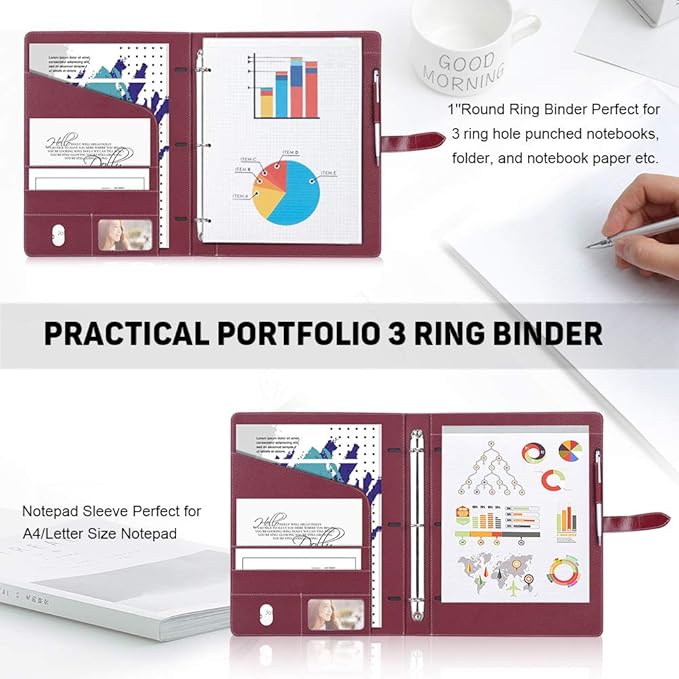 Toplive Padfolio 3 Ring Binder Organizer Business Portfolio Folder for Women, A4/ Letter Size PU Leather Portfolio Padfolio for Interview Conference Presentation, Wine Red