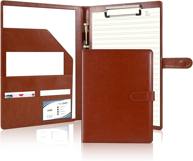 Professional Portfolio Binder with Clipboard, Faux Leather Padfolio Organizer for Resume, Interview Business Conference, Legal Pad Holder for A4 Letter Size Notepad with Multi-Pocket Storage (Brown)
