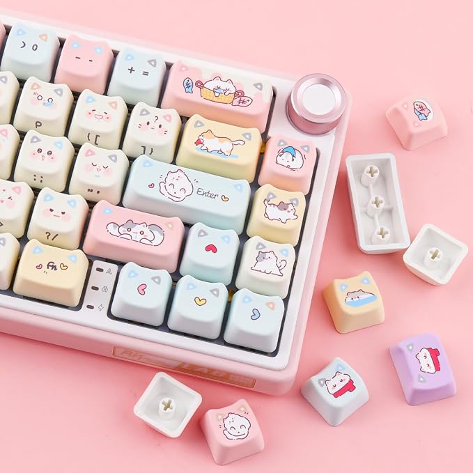 Tsungup PBT Keycaps Mao Profile-Pink Cream Keycap,127 Keys Cute Hiding Cat Theme Custom Key Caps Keyboard Keycaps, Dye Sub Keycap Set for 60%,65%,75%,100% Mechanical Keyboard