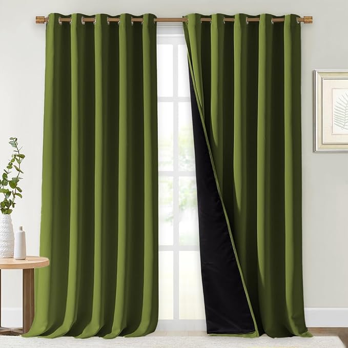 NICETOWN 100% Blackout Blinds, Set of 2, 70 inches x 108 inches, Olive Green, Laundry Room Decor Window Treatment Curtains for Large Patio Sliding Door, Thermal Insulated Curtains for Bedroom