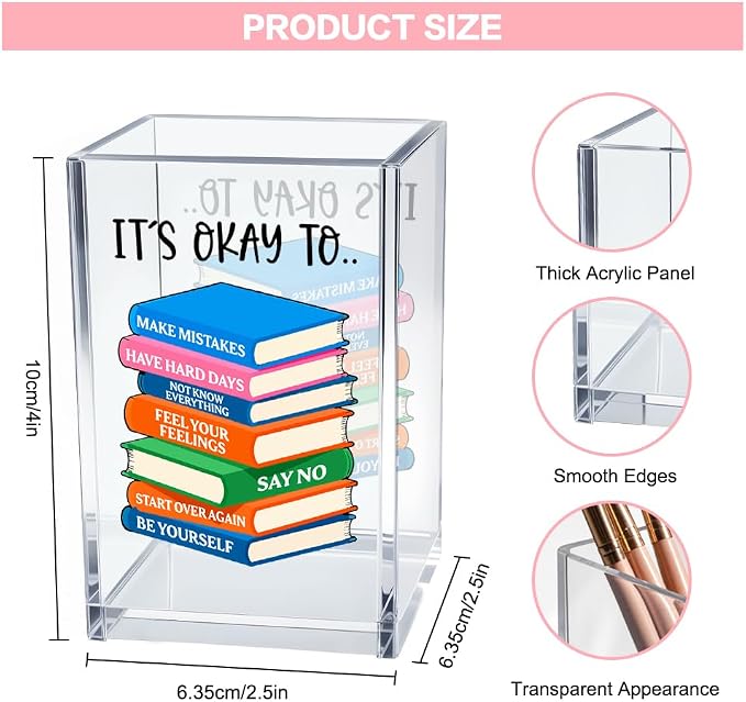 It's Okay To Make Mistakes Acrylic Cosmetic Pencil Pen Holder Cup, Motivational Desk Organizer Accessory for Office School, Inspirational Quote Gifts for Women Book Lover Coworker Sister Teacher