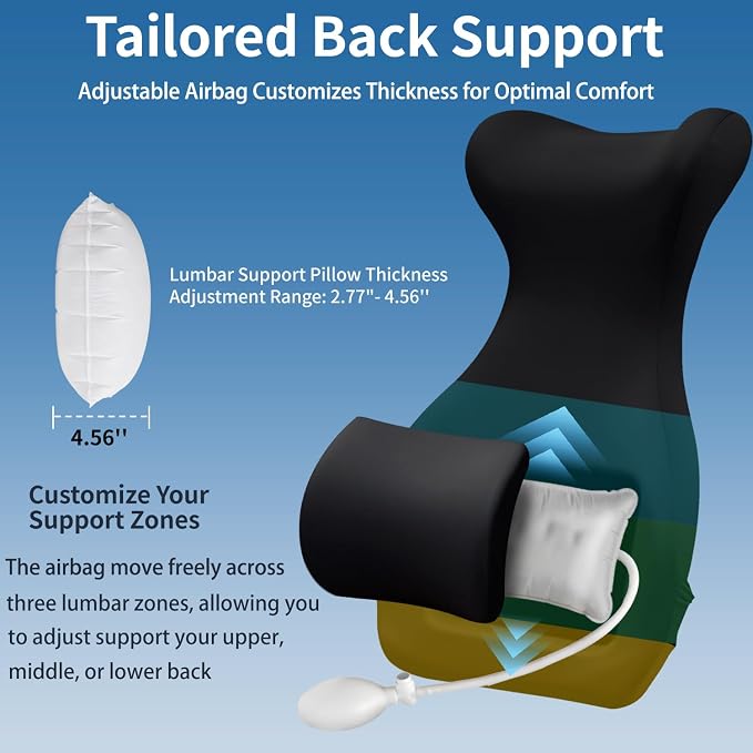 27.7'' Adjustable Airbag Full Back Lumbar Support Pillow, Back Pain Relief | Adjustable Support Back Cushion Upper/Lower Back Pain Relief for Office Chair, Desk, Gaming Chair, Couch, Recliner