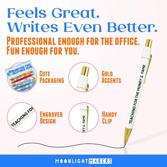 Moonlight Makers - Set of 5 Ballpoint Pens Black Ink- Engraved Funny Pens for Adults - Dumpster Fire Response Team Adult Gifts - Ideal Desk Decor for Work & Office Desk - Cute Packaging, Handy Clips