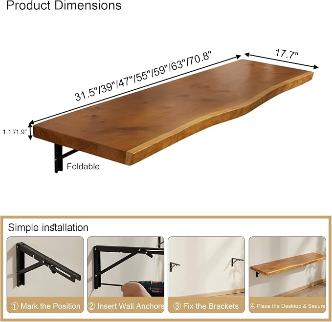 Wall Mounted Folding Table, Space Saving Wall Desk with Pine Wood, Fold Down Desk Shelf for Home,Dining,Laundry Room,Kitchen,Clothes 1" Thick 55"x17.7"