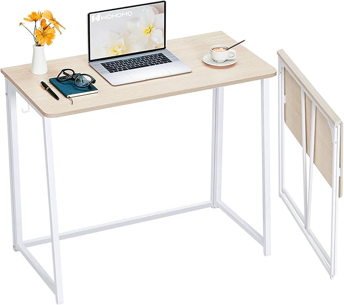 WOHOMO Folding Desk, Small Foldable Desk 39.4" for Small Spaces, Space Saving Computer Table Writing Workstation for Home Office, Easy Assembly, Oak