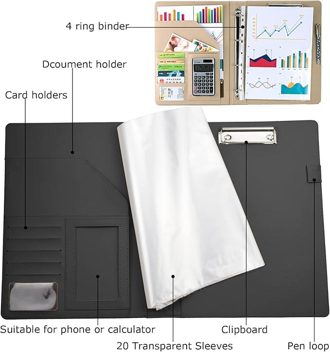 PU Leather Padfolio Ring Binder with Clipboard Resume Leather Portfolio with 20 Clear Plastic Sleeves Black