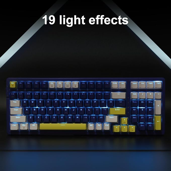 Merdia Wireless Mechanical Keyboard, Triple Mode 2.4G/USB-C/BT Gaming Keyboards 100 Keys Ice-Blue Backlit, Brown Switch Keyboard | Rechargeable Mechanical Gaming Keyboards | Blue/White/Yellow