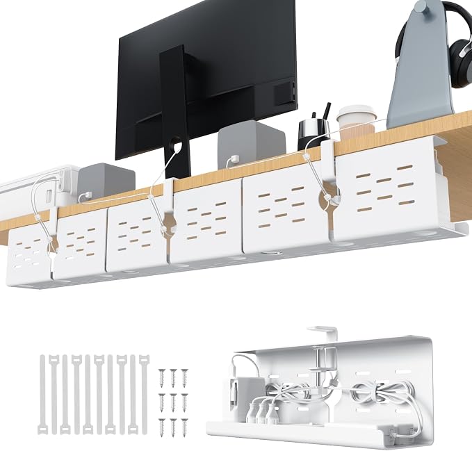 KEEGH 16 in Under Desk Cable Management Tray, Capacity Cable Tary, 3 Pack | No Drill Clamp Mount, Heavy Metal, Cord Management Tray for Home Office, Gaming Desk, Standing Desk, White
