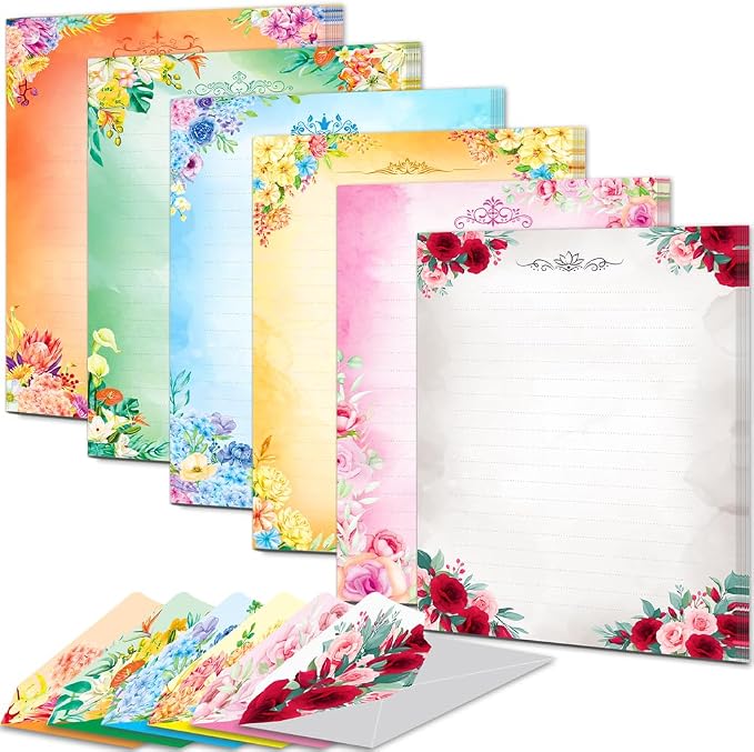 Anzon Mories 60 Pieces Cute Stationary Writing Paper and Envelope Set (2 Sides Colored, 1 Side Lined) 30 Sheets, 30 Pcs Envelopes, Kawaii Letter Stationery 8.5 x 11 In Floral Decoration Ruled