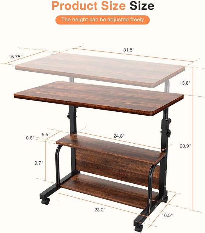 Laptop Desk Adjustable Desk Small Standing Desk Home Office Desks for Small Spaces Portable Desks Table for Bedrooms,Mobile Rolling Computer Work Desks on Wheels